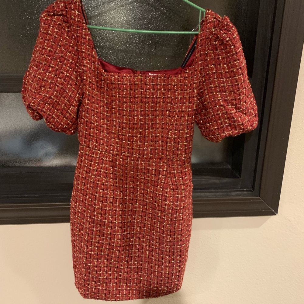 The perfect Christmas season dress! Sm. Red w/ darker red shimmer & gold detail.